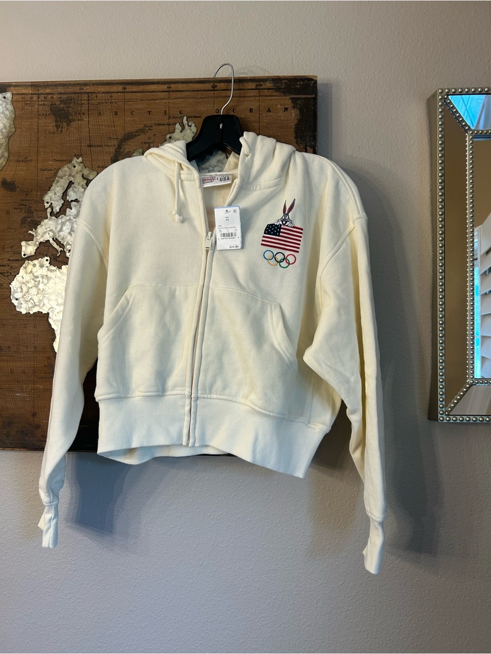 From Target Warner Bros. Cream Cropped Hoodie with Olympic Rings & Flag